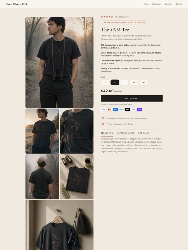 The same t-shirt page rebuilt with a spec list, guarantees and a reviews section