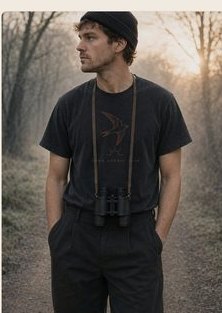 A product photograph of a dark cotton t-shirt worn outdoors at dawn