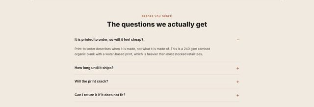 A frequently asked questions section answering price, shipping, durability and returns