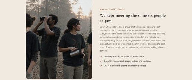 A brand story section pairing a photograph with three reasons the product was made