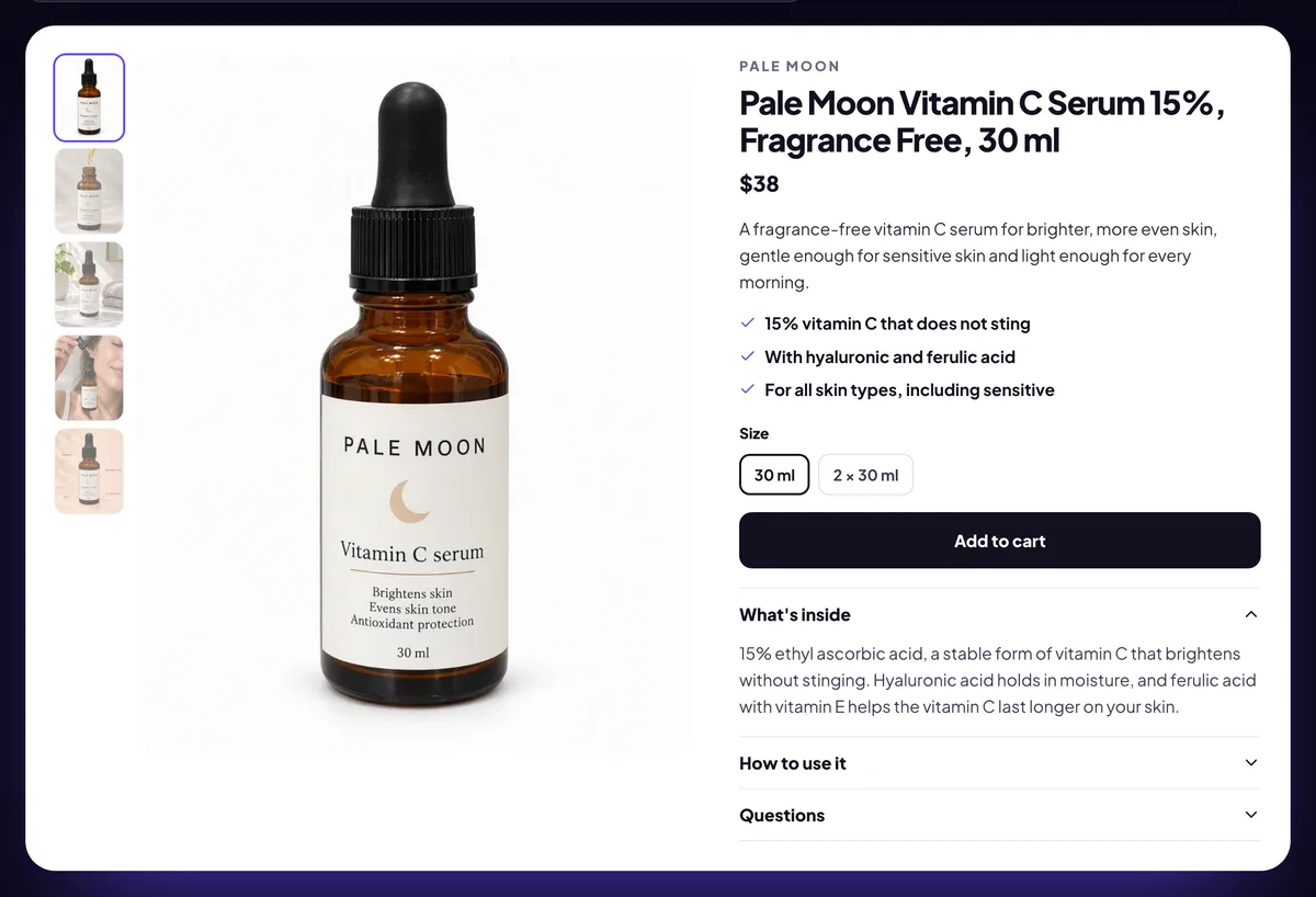 Una página de producto del sérum de vitamina C Pale Moon con el título, la descripción, la lista de beneficios y las preguntas frecuentes reescritos