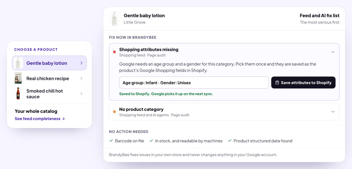 La pantalla de feed de BrandyBee señalando los atributos de compra que le faltan a una loción para bebés, con la corrección guardada en Shopify