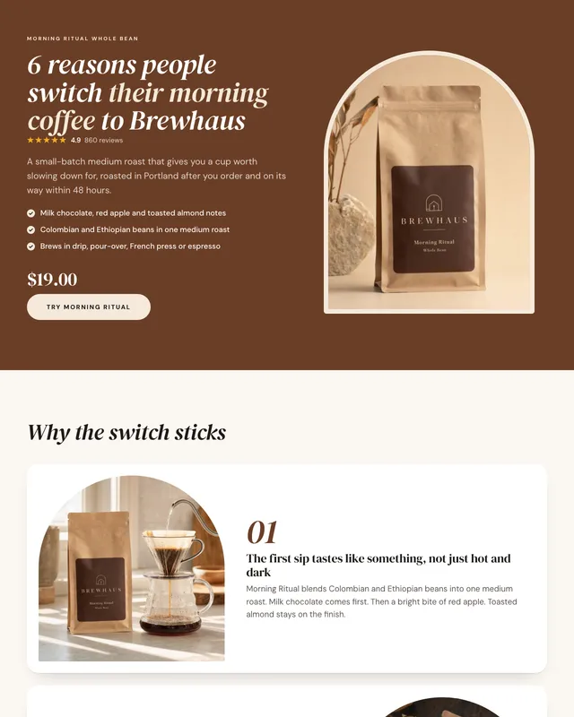 La parte superior del listicle de Brewhaus con motivos para pasarse al café en grano, creado por BrandyBee
