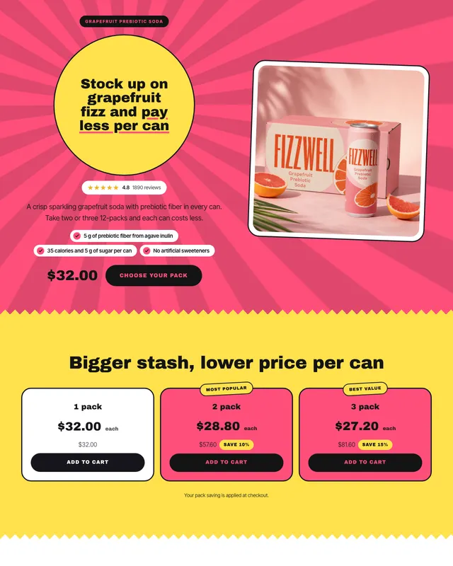 La parte superior de la página de pack de Fizzwell con descuentos por cantidad para un pack de 12 refrescos prebióticos, creada por BrandyBee