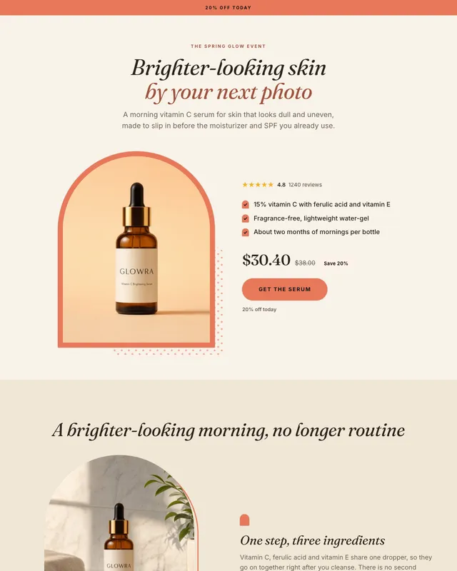 La parte superior de la página de oferta del sérum de vitamina C de Glowra en el diseño Arch, creada por BrandyBee