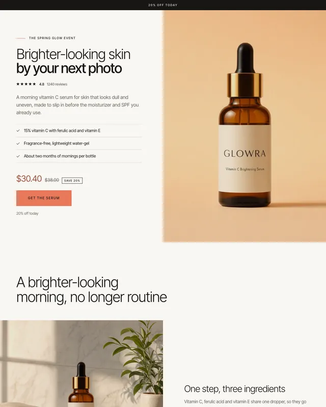 La parte superior de la página de oferta del sérum de vitamina C de Glowra en el diseño Atelier, creada por BrandyBee