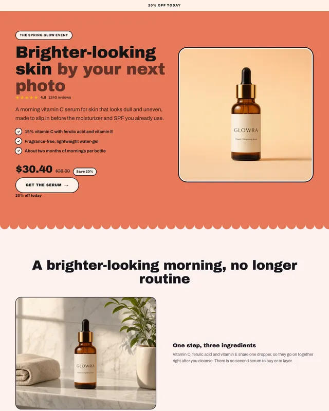 La parte superior de la página de oferta del sérum de vitamina C de Glowra en el diseño Bold, creada por BrandyBee