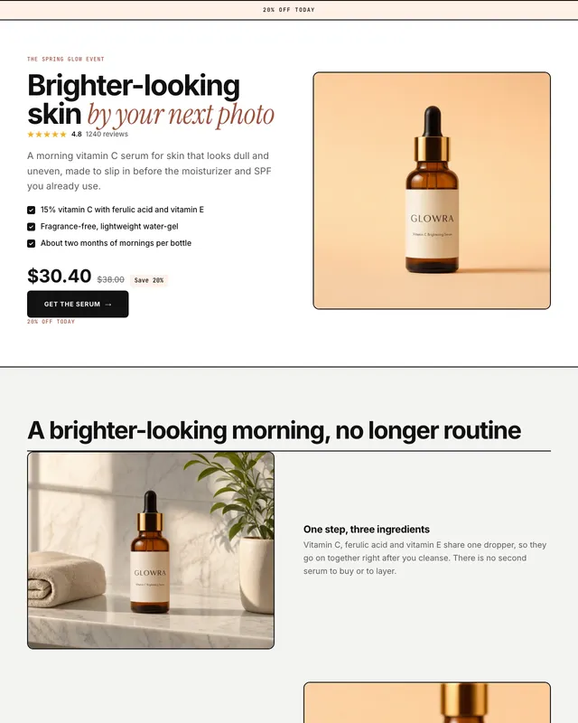 La parte superior de la página de oferta del sérum de vitamina C de Glowra en el diseño Clean, creada por BrandyBee