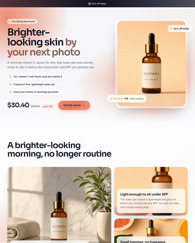 La parte superior de la página de oferta de Glowra para un sérum de vitamina C, con un 20% de descuento y cuenta atrás, creada por BrandyBee