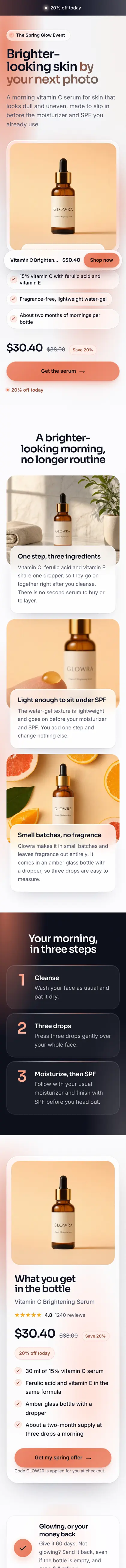 La página de oferta de Glowra para un sérum de vitamina C, con un 20% de descuento y cuenta atrás, creada por BrandyBee, en un móvil