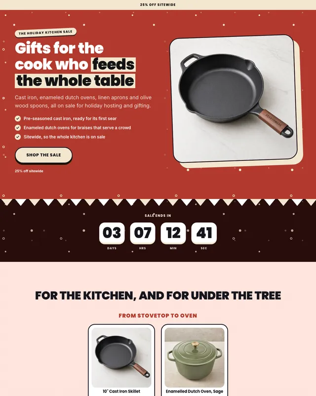 La parte superior de la página de rebajas navideñas de Hearthware para cuatro productos de cocina, con un 25% de descuento, creada por BrandyBee