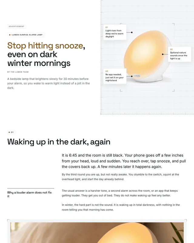 La parte superior del publirreportaje de Lumen sobre despertarse con una lámpara despertador que simula el amanecer, creado por BrandyBee