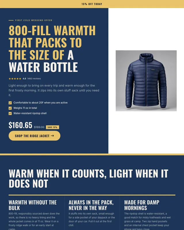 La parte superior de la página de oferta de Northwind para un plumífero, con un 15% de descuento, creada por BrandyBee