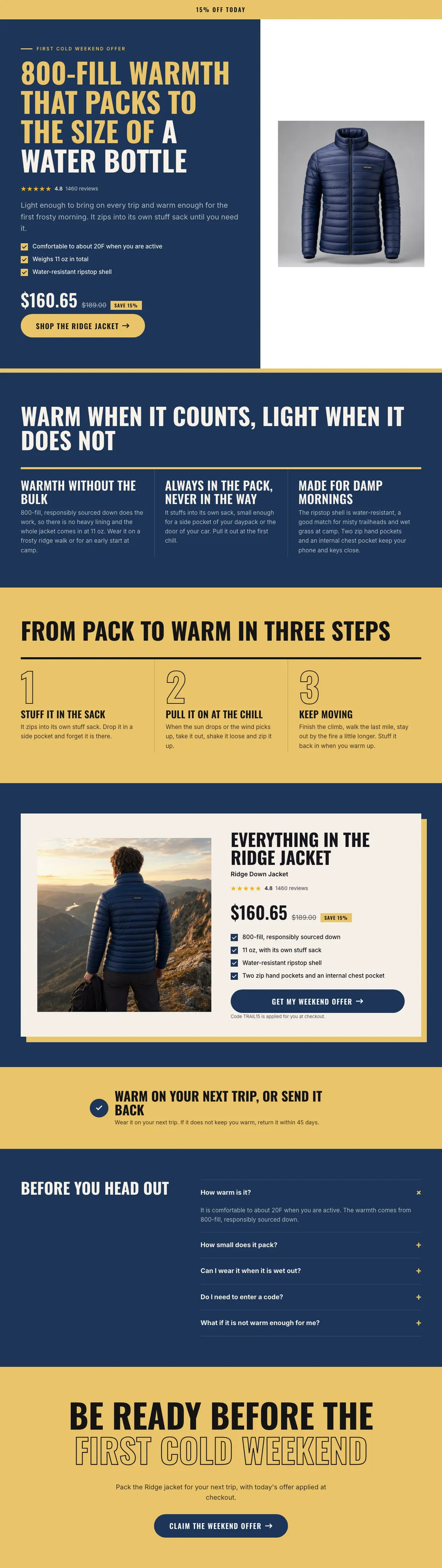 La página de oferta del plumífero de Northwind publicada en la tienda Shopify de la marca