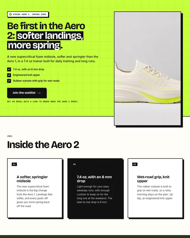 La parte superior de la página de lanzamiento de Stride con lista de espera para una nueva zapatilla de running, creada por BrandyBee