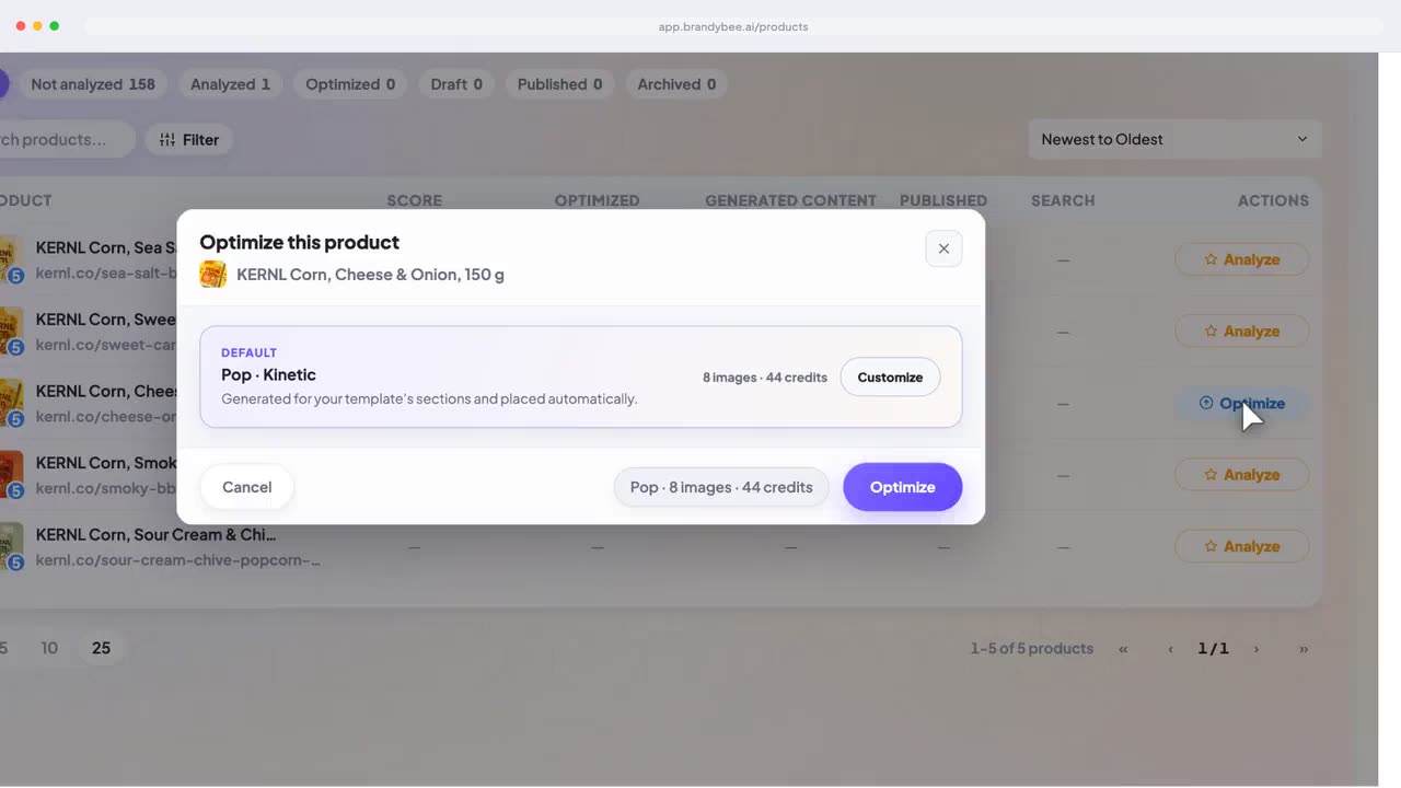 The Optimize this product dialog with the Pop Kinetic template, 8 images and 44 credits