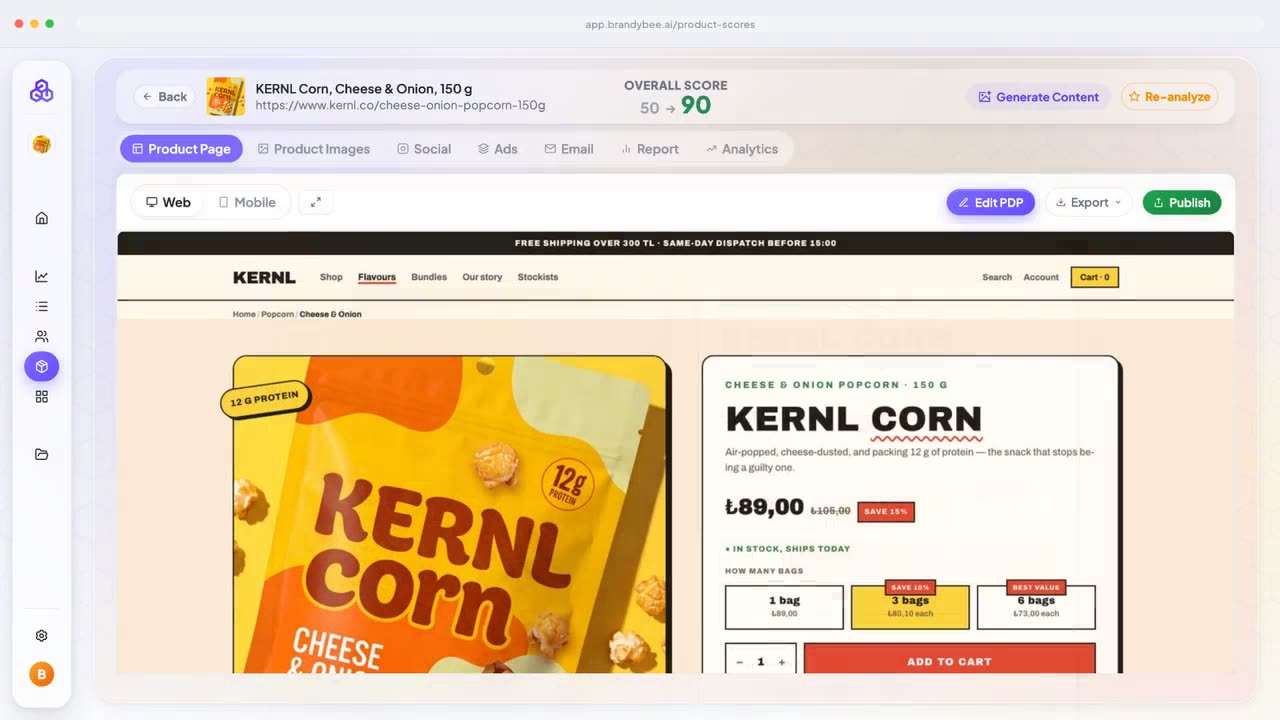 The product in BrandyBee with its overall score going from 50 to 90, an Edit PDP button and a Publish button