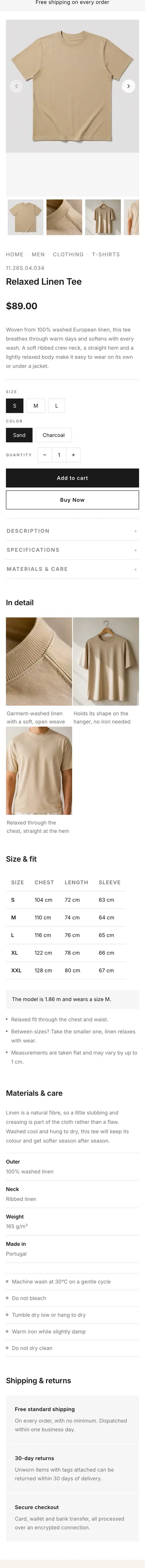 The Basic design on a phone: a linen tee page with photos, a size table, materials and delivery