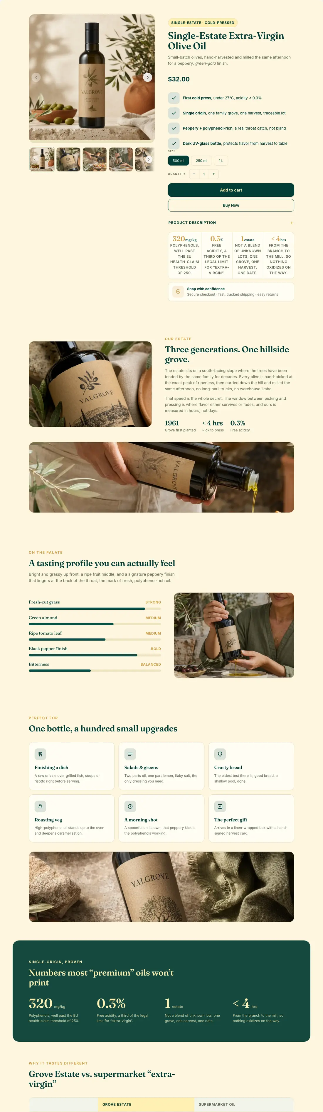 The Grove design: a product page for Valgrove single-estate olive oil