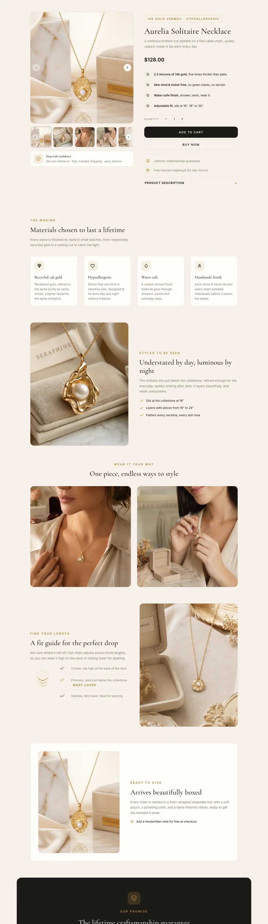 The Aurelia solitaire necklace page live in a store