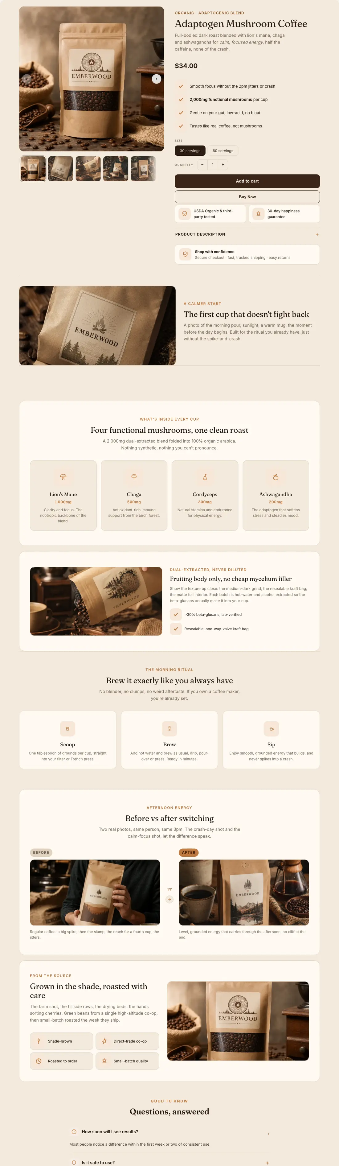 Roast design: a full product page for an adaptogen mushroom coffee
