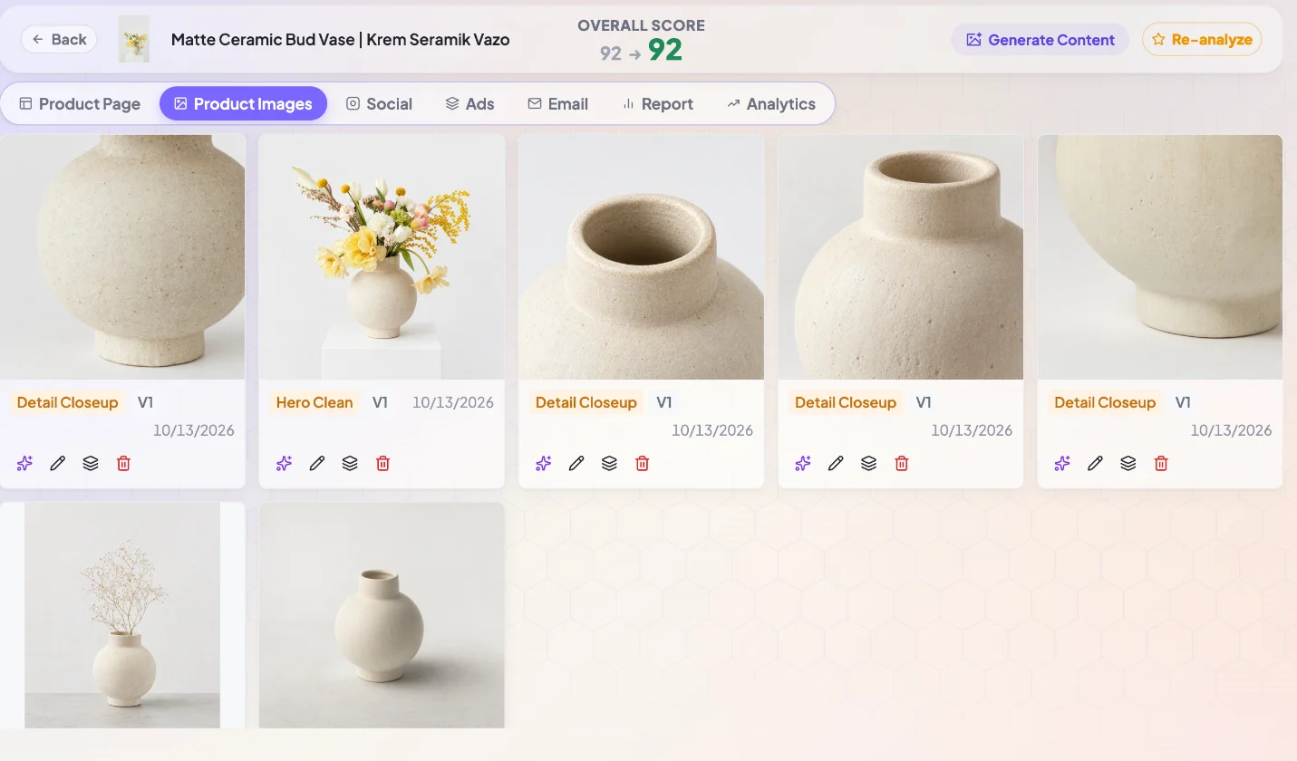 La pestaña Product Images de BrandyBee para un jarrón de cerámica, con una imagen principal limpia y cuatro primeros planos etiquetados por tipo de toma