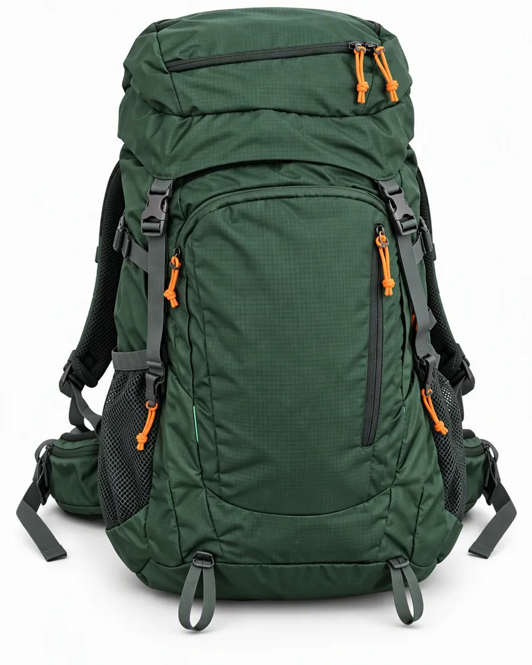 Mochila de senderismo verde bosque con tiradores de cremallera naranjas sobre fondo blanco