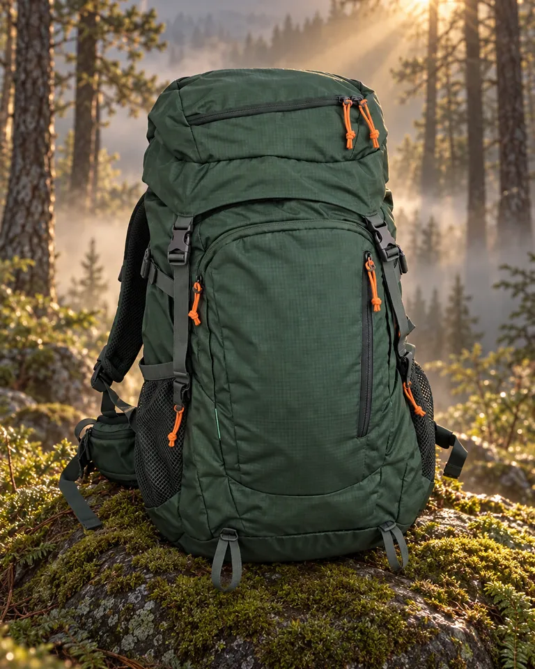 Mochila de senderismo verde sobre una roca cubierta de musgo en un pinar con niebla al amanecer