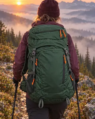 Excursionista con la mochila verde bosque en un sendero de montaña con niebla