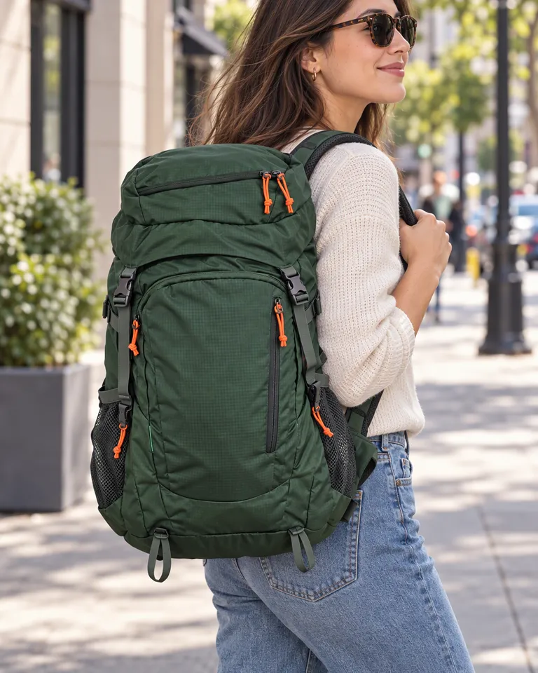 Mujer con la mochila verde bosque colgada de un hombro en una calle de la ciudad