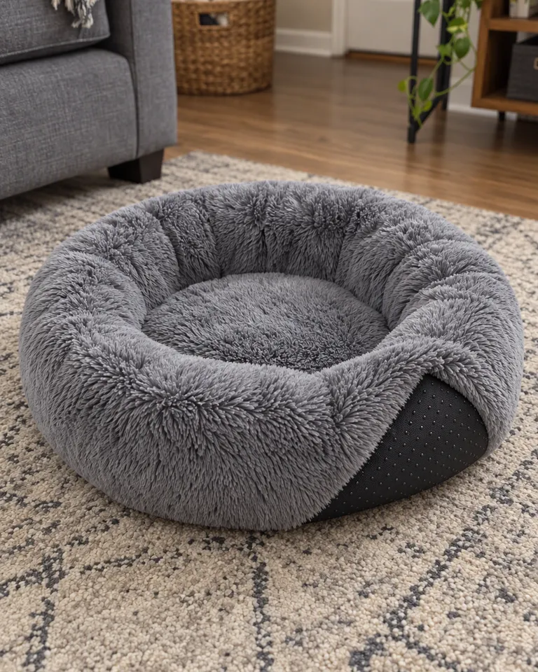 Primer plano del pelo sintético y la base antideslizante de la cama de peluche para perro