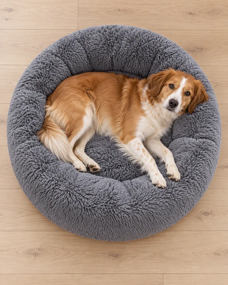 Perro estirado en la cama de peluche gris visto desde arriba