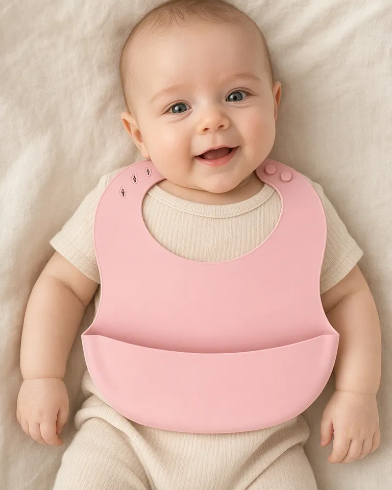 Bebé sonriente con el babero de silicona rosa