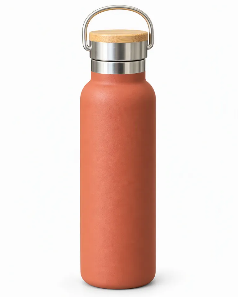 Botella de agua de acero color terracota mate con tapón de bambú sobre fondo blanco