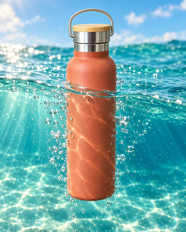 Botella de agua color terracota medio sumergida en agua turquesa cristalina con burbujas