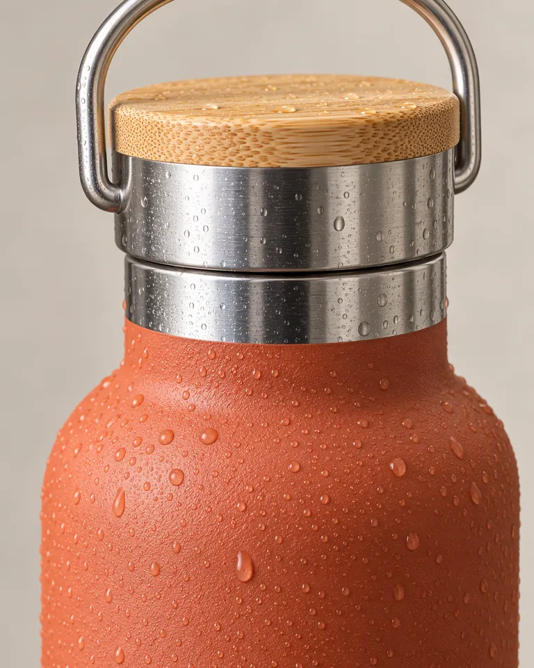 Macro del tapón de bambú y el acabado terracota mate de la botella con gotas de agua
