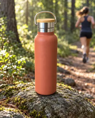Botella de agua color terracota sobre una roca junto a un sendero del bosque por la mañana