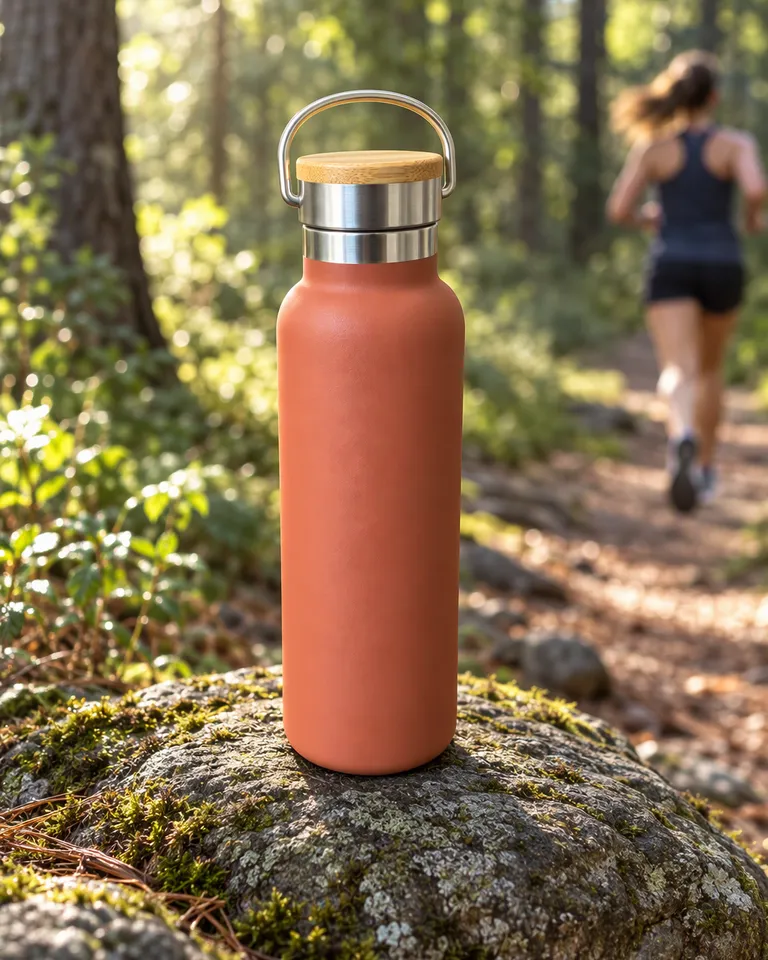 Botella de agua color terracota sobre una roca junto a un sendero del bosque por la mañana