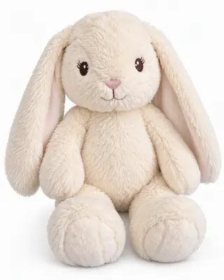 Conejito de peluche color crema con orejas caídas sobre fondo blanco