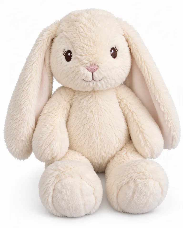 Conejito de peluche color crema con orejas caídas sobre fondo blanco