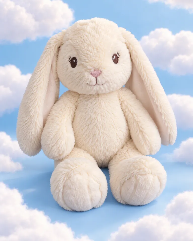 Conejito de peluche color crema sobre un fondo azul pastel entre nubes suaves flotando
