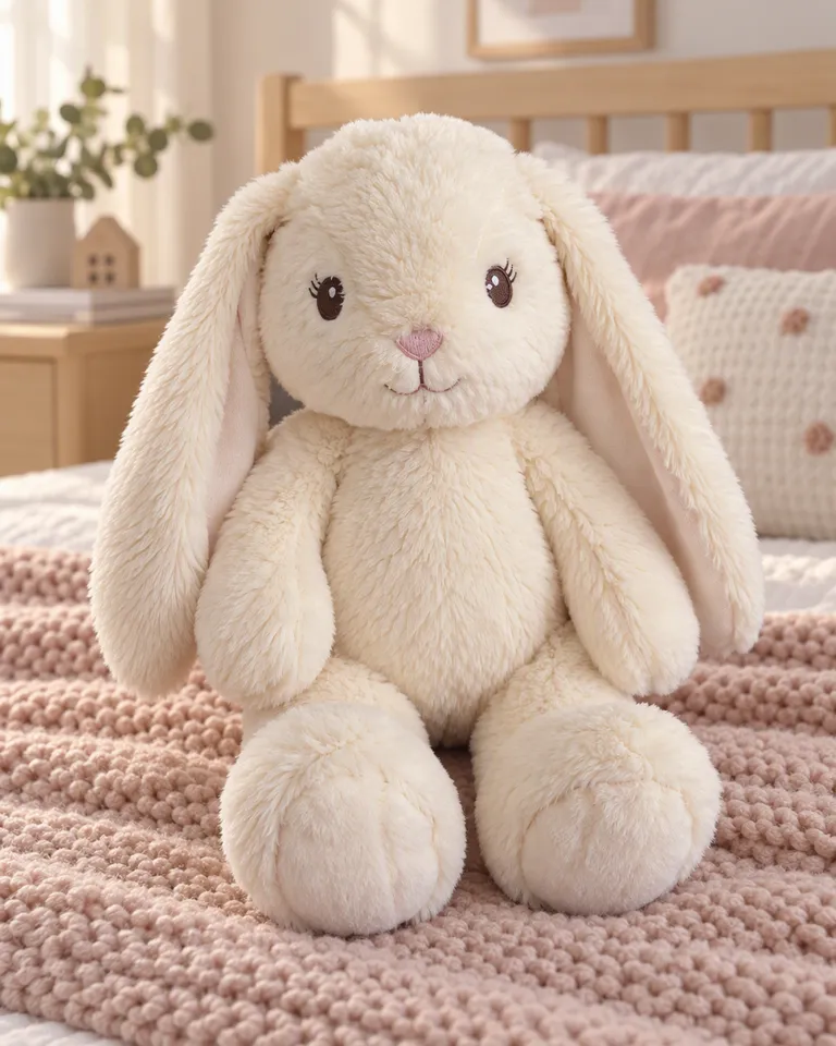 Conejito de peluche color crema sentado en una cama hecha en un cuarto de bebé tranquilo