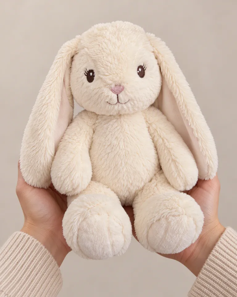 Manos sosteniendo el conejito de peluche color crema para mostrar su tamaño