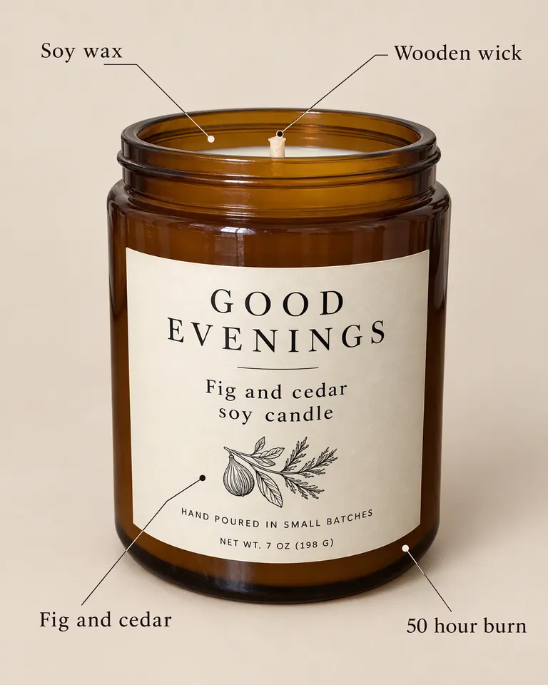 Imagen con anotaciones de la vela Good Evenings con etiquetas de cera de soja, mecha de madera, 50 horas de duración e higo y cedro
