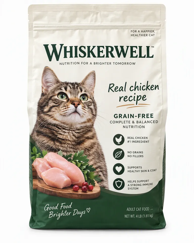 Bolsa de comida para gatos Whiskerwell sin cereales con pollo de verdad sobre fondo blanco
