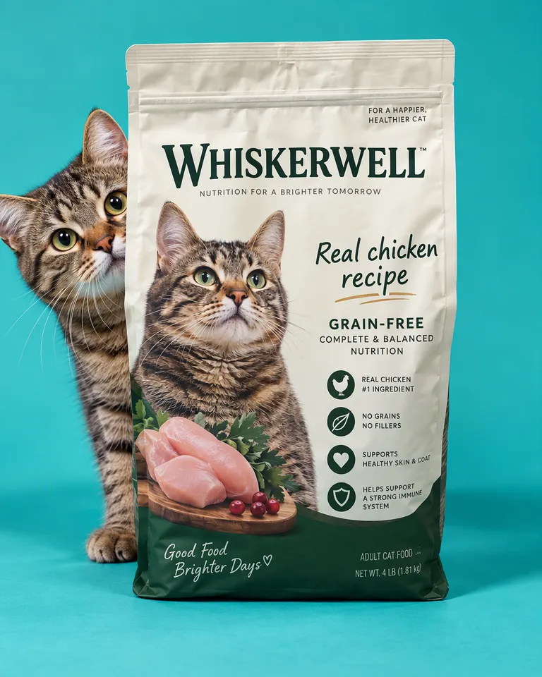 Gato asomándose por detrás de la bolsa Whiskerwell sobre un fondo verde azulado