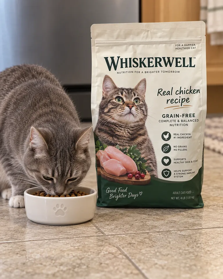 Gato gris comiendo de un cuenco junto a la bolsa Whiskerwell en el suelo de una cocina