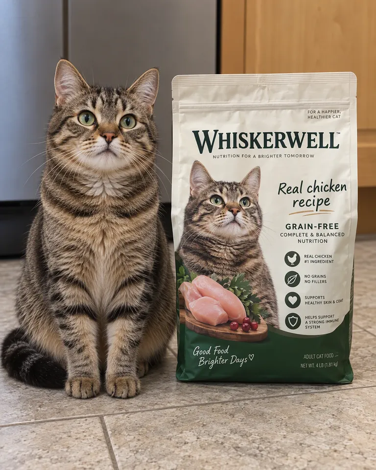 Bolsa de comida para gatos Whiskerwell junto a un gato sentado para mostrar su tamaño
