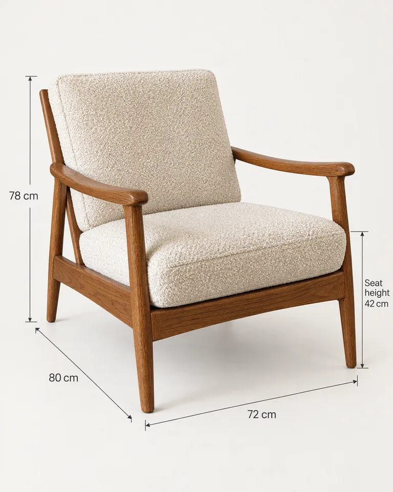 Imagen de medidas de la butaca de roble con su altura, anchura, profundidad y altura del asiento