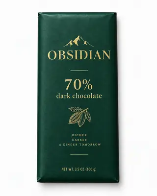Tableta de chocolate negro Obsidian al 70% en un envoltorio verde oscuro y dorado sobre fondo blanco